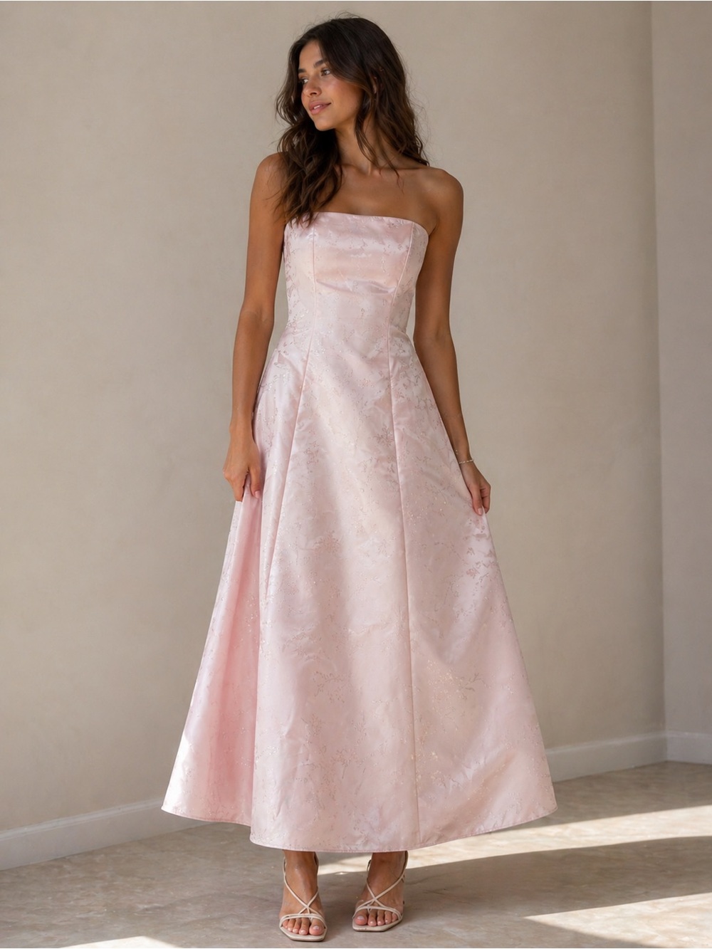 Y2K Strapless Blush Pink A-Line Midi Dress